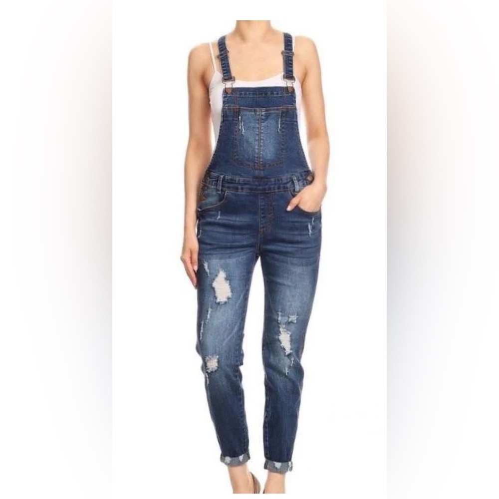 Guess Women's Distressed Blue Denim Overalls - Dark wash - size 25